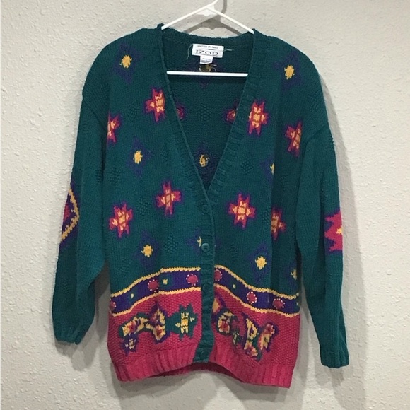Vtg Izod Hand-Knitted Chunky Cardigan Sweater Women’s L Aztec Pattern Knitwear - Picture 1 of 5